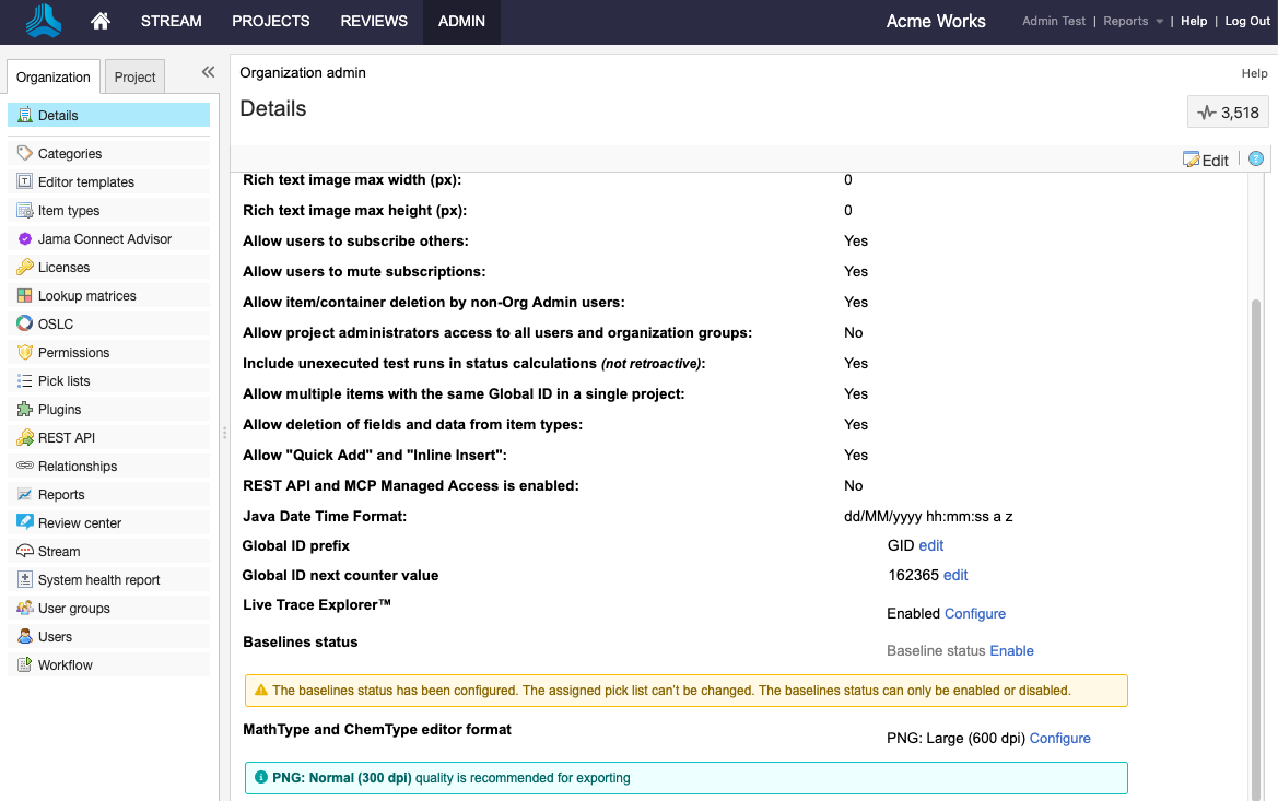The UI shows Admin > Organization > Details options selected.